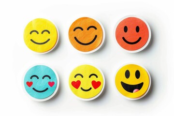 Fototapeta premium Vibrant mix of smiley buttons in red, blue, and yellow, ideal for adding a splash of color and emotion to crafts