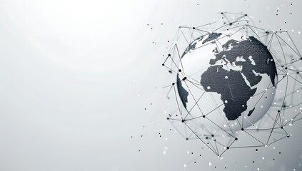 Digital globe with global network connections, white background, simple lines representing the Earth's surface, global map, data flow in black & grey tones, with subtle geometric patterns around it.