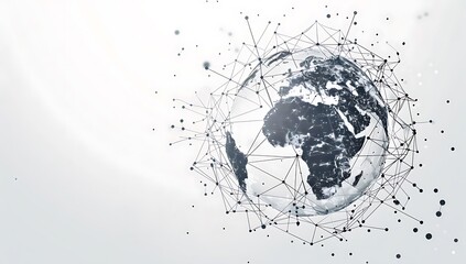 Digital globe with global network connections, white background, simple lines representing the Earth's surface, global map, data flow in black & grey tones, with subtle geometric patterns around it.