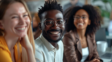 Fototapeta premium Photo of diverse group of leaders smiling, Successful business team gathered in a boardroom, young professional business people standing together