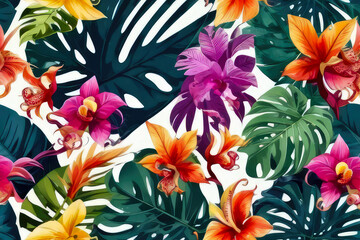 Green tropical leaves and flowers painting style seamless background. Summer concept.Generative AI.
