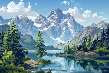 A painting showcasing a mountain lake encircled by pine trees. Generative AI