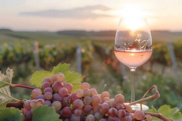 Fototapeta premium A fresh chilled glass of ice wine overlooking a Canadian vineyard during a Summer sunset