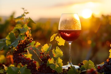 A fresh chilled glass of ice wine overlooking a Canadian vineyard during a Summer sunset