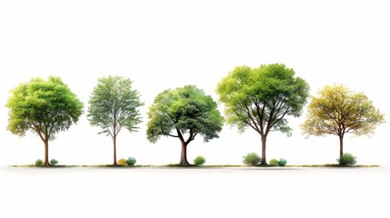 Green trees forest and foliage in summer. Row of trees and shrubs isolated on a transparent background. 