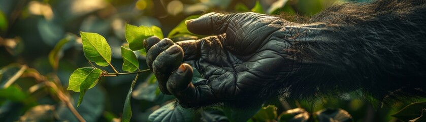 Close-up of a primate's hand grasping green foliage in a natural setting, highlighting detailed texture and interaction with nature.
