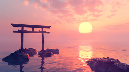 海中鳥居 朝日 夕日