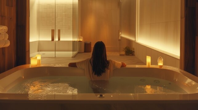 Dans une immense salle de bain, une femme en serviette de bain autour de la taille est assise sur le bord d'une baignoire et fixe l'horizon. Elle se trouve sur la droite. Le reste de la pi&Atilde;&uml;ce est flo