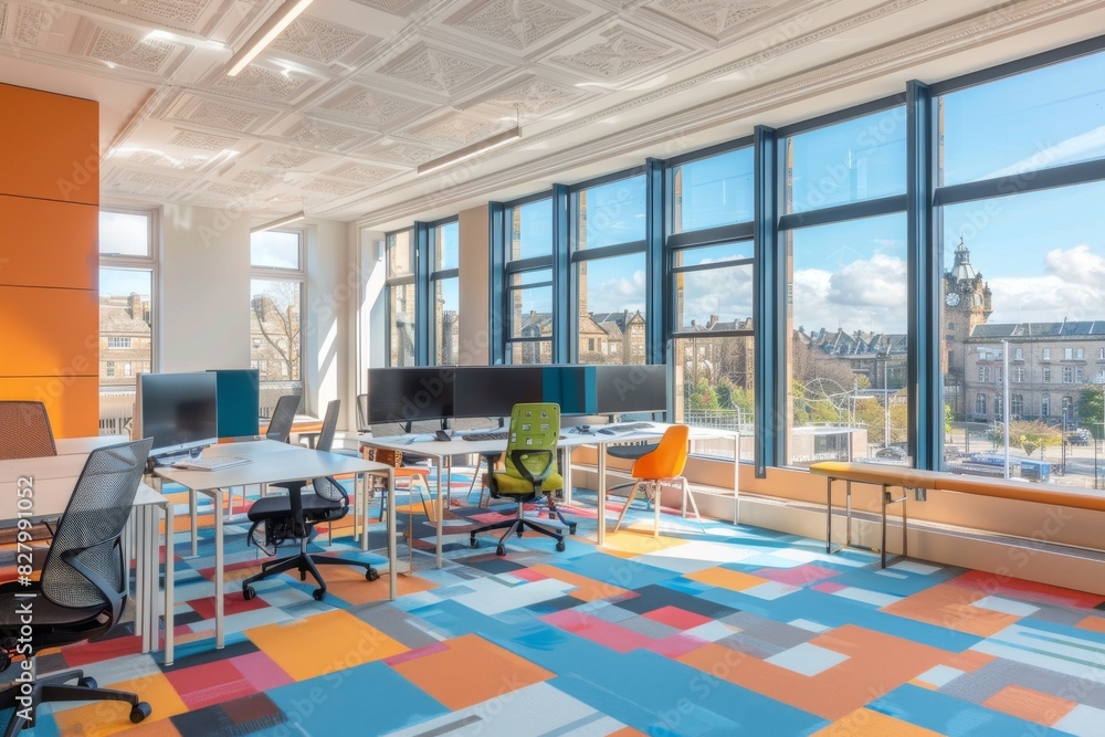 Poster sunlit office space with a view, featuring modern design elements and a comfortable work environment