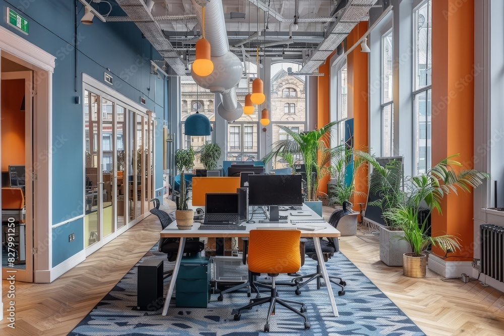Poster innovative office layout with striking color contrasts and structured workstations, ideal for dynami