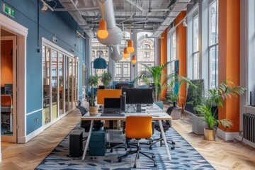 Innovative office layout with striking color contrasts and structured workstations, ideal for dynamic teams focused on technology and design