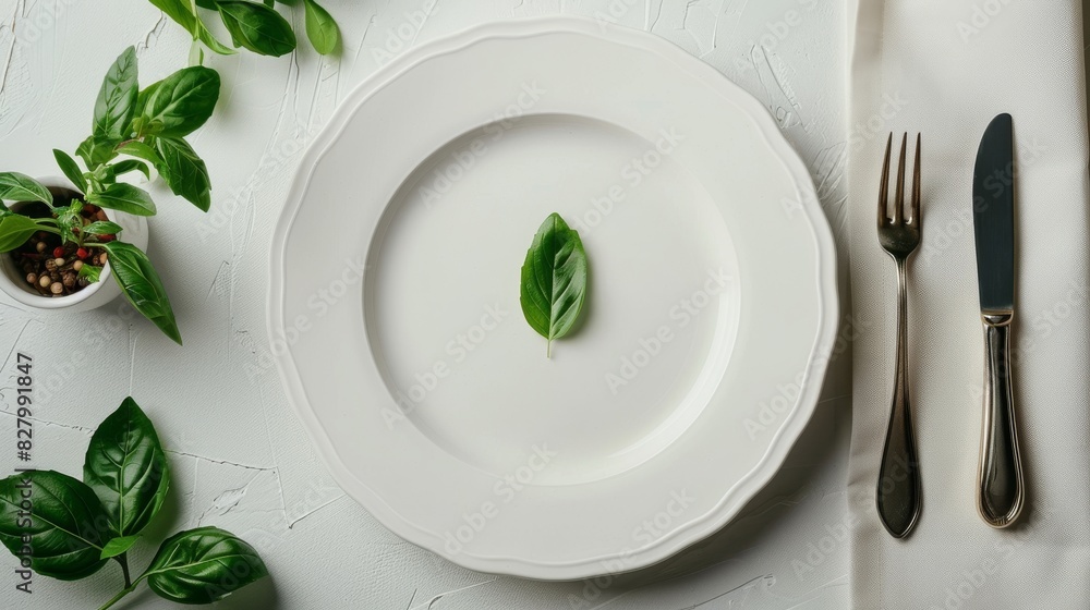 Poster chic dining setup with pristine white plates and minimalist decor, emphasizing simplicity and elegan