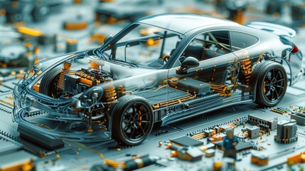 An intricate cross-section diagram of a car cleaning staff detailing the interior components of a hybrid car