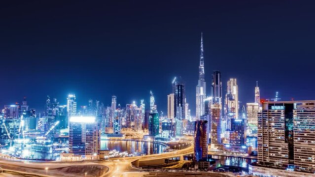 Panoramic Skyline Of Metropolitan City Aerial 360 Drone Flight During Rush Hour Traffic Digital World World of Tomorrow Drone Low Light 4k