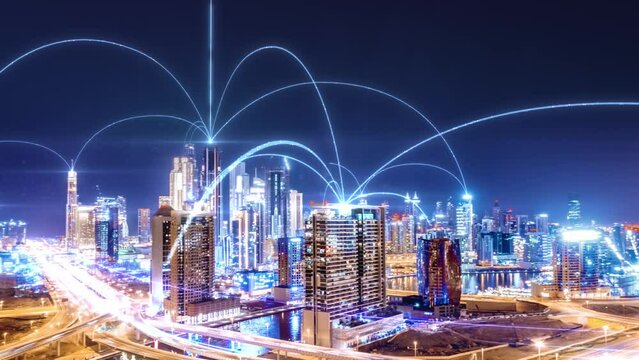 Digital City Aerial Drone Footage With Hologram Information Arches Wireless Communication Futuristic Business Network and Technology 5G Drone Low Light 4k