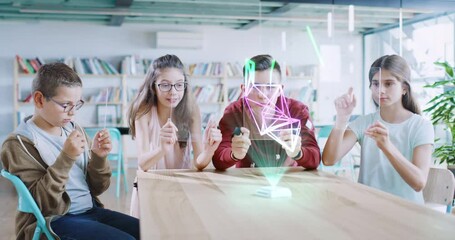 Students Using 3D Modelling Software Teamwork Futuristic Technology 3D Visualization Of Hologram Virtual Classroom Concept Slow Motion 8k - Powered by Adobe
