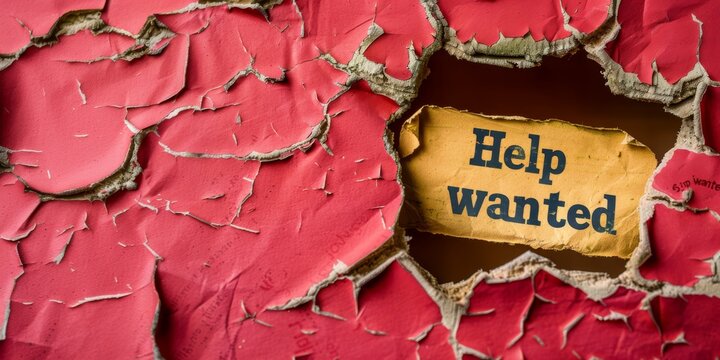 Help wanted sign behind red peeling paint texture. Conceptual close-up shot. Job search and employment concept Banner with copy space