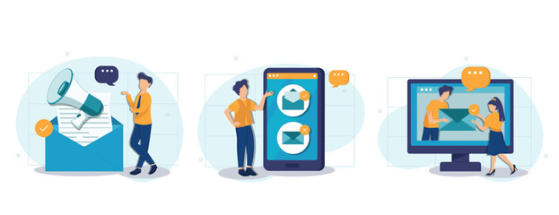 E-mail marketing and promotion illustration set. Characters sending advertising mails and promotional offers with sales and discounts. Ecommerce business concept. Vector illustration.