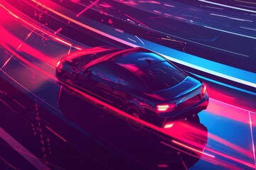 Red sports car racing down a neon lit tunnel, emphasizing speed and futuristic design