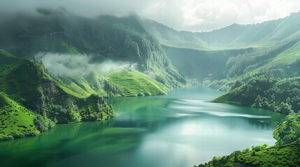 lake and green mountains beautiful landscape 
