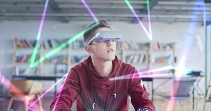Virtual Learning Student Using VR Technology For 3D Visualization Online School Modern Education Online Learning Digital Classroom Personalized Learning Concept Slow Motion 8k