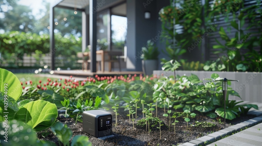 Poster a smart garden system monitors moisture levels in the soil and triggers automatic watering based on 