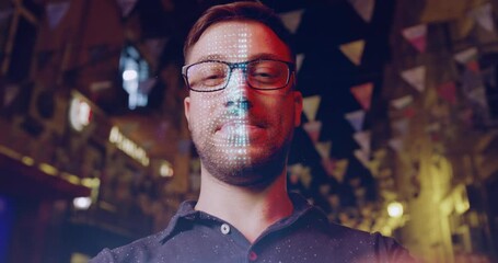 Handsome Young Caucasian Man is Identified by Biometric Facial Recognition Scanning Process Face Detection Face Match 3D Scanning ID 5G Connections Future Shot Red Epic 8k - Powered by Adobe