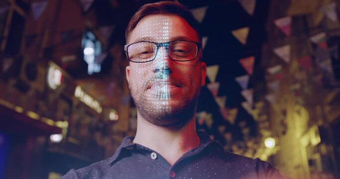 Handsome Young Caucasian Man is Identified by Biometric Facial Recognition Scanning Process Face Detection Face Match 3D Scanning ID 5G Connections Future Shot Red Epic 8k