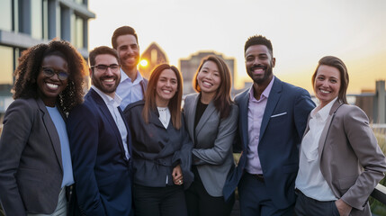 Photo of diverse group of leaders smiling, 
Successful business team gathered in a boardroom, young professional business people standing together