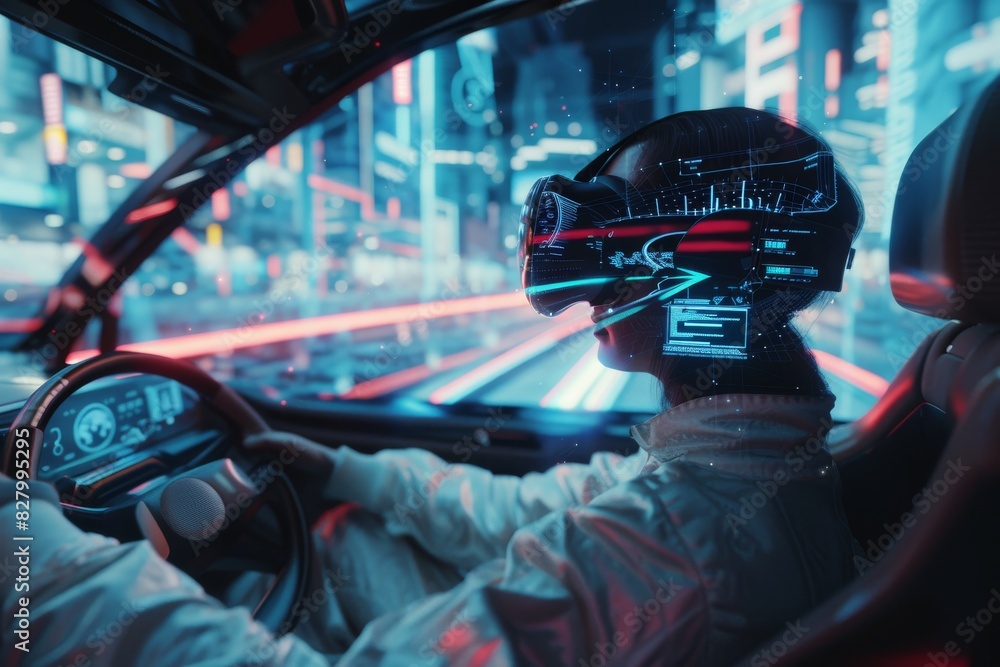 Canvas Prints Cyberpunk inspired drive with vibrant dashboard lights reflecting off the windshield