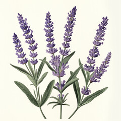 Botanical illustration of purple lavender with green leaves on light background
