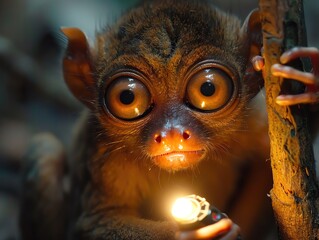 Close-up of a large-eyed nocturnal primate holding a small light. Captured in a dark, natural setting with details highlighted.