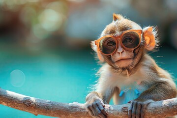 Adorable young monkey wearing eyeglasses, perched on a branch with a blurred natural background. Cuteness and whimsy in the animal kingdom. - Powered by Adobe