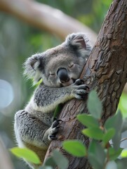 A cute koala bear sleeping peacefully while hugging a tree branch, surrounded by lush green leaves in its natural habitat.
