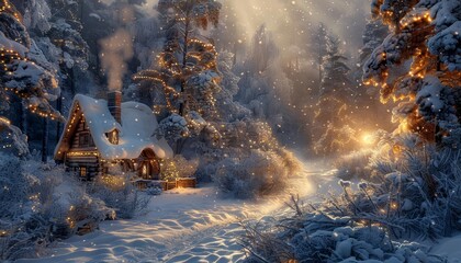 Fototapeta premium Magical winter wonderland with snowcovered trees, a cozy cabin with smoke rising from the chimney, and twinkling fairy lights illuminating the scene