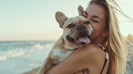 Happy woman hugging a French Bulldog on the beach
