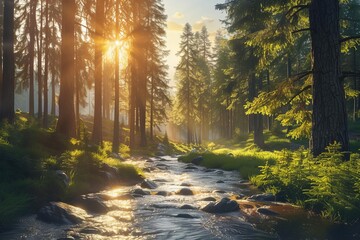 Fototapeta premium Majestic national park with towering redwood trees, a winding river, and dappled sunlight creating a serene and magical forest scene