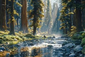 Obraz premium Majestic national park with towering redwood trees, a winding river, and dappled sunlight creating a serene and magical forest scene
