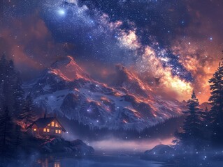 Fototapeta premium Majestic night sky above a mountain range, with constellations clearly visible and a cozy cabin emitting a warm glow in the foreground