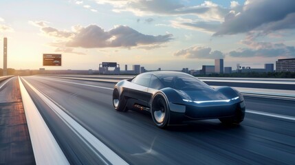 High speed drive through a technologically advanced city, captured in vibrant twilight colors