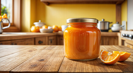 Close-up view orange marmalade jar on wooden kitchen table with blurry kitchen background - Generative AI