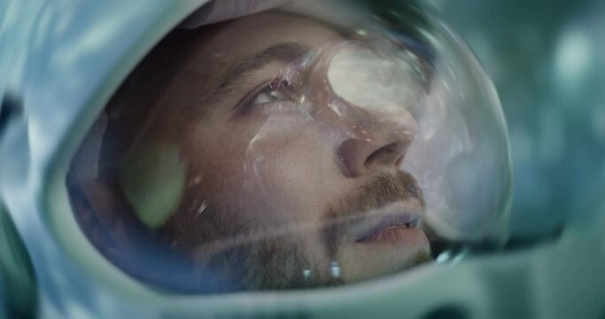 Astronaut Using Futuristic Flight Test Technology Exploration Mission Space Technology NASA Close Up Shot Of Pilot Traveling In Space Virtual Reality And Screenless Display Innovation Red 8k