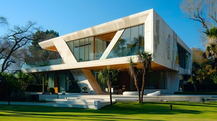 Fototapeta premium A modernist house made of white marble wood and concrete. The exterior is adorned with geometric shapes . 