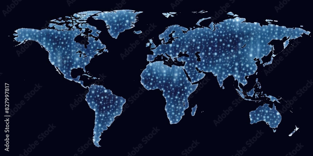 Poster glowing digital world map on a dark background with sparkling light points. global communication and