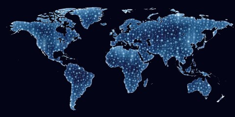 Glowing digital world map on a dark background with sparkling light points. Global communication and network concept. Design for data visualization, digital technology, global connectivity. AIG35.