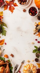 Flat lay mockup for autumn Thanksgiving. Empty sheet in the middle. Top view, copy space.