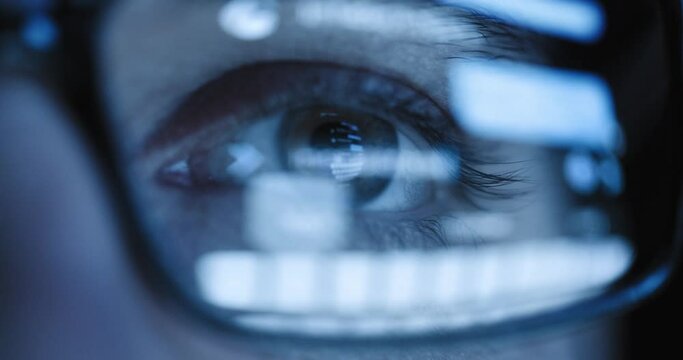 Close up of Eye as Man Chatting Online Messaging Platform Computer Glasses Looking at Phone Screen Eye Strain Communication
