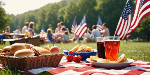 Memorial's day-   A red, white, and blue checkered tablecloth covers a picnic table with a plate of food,  in the shade of American flags waving in the background.