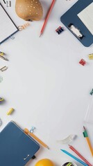 Flat lay mockup for back to school. Empty sheet in the middle. Top view, copy space.