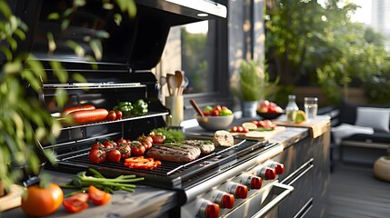 angle of view perpendicular to the taken from the front realistic photo Scandinavian Built-in grill kitchen